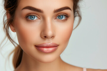 Fototapeta premium A woman with a light brown hair and blue eyes is wearing makeup. She has a light pink lip color and her eyes are closed