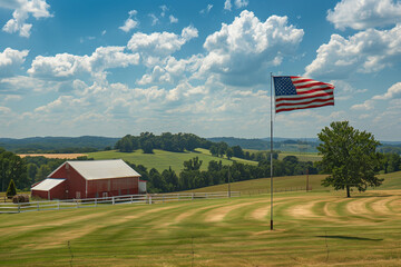 Patriotic flag on rural landscape