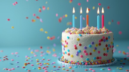 A celebration birthday cake with colorful sprinkles and colorful birthday candles, empty soft blue floor and wall, photorealistic, The background is smooth.