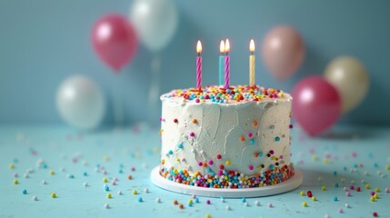 A celebration birthday cake with colorful sprinkles and colorful birthday candles, empty soft blue floor and wall, photorealistic, The background is smooth.