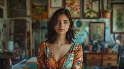 Portrait of a young female house painter posing in a home