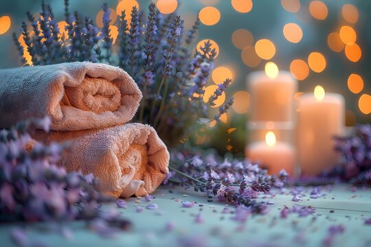 romantic massage centre calm and serene atmosphere, lavender, towels, candles, other spa tools, serene, calm, spa photography, wid angle photo, cozy, high key light, clean, serene, calm, high detailed