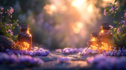 Spa item and lavender with blurred natural scene background , with space for text, product display...