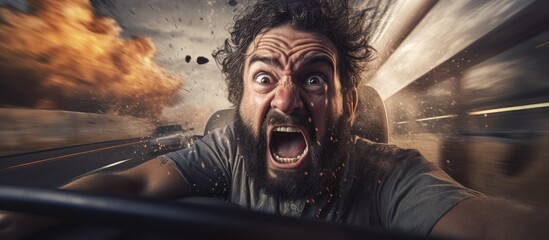 A man with a beard is driving a car with his jaw dropped in surprise, resembling a fictional character in an action film. The darkness of his car contrasts with his wide grin and expressive gestures - obrazy, fototapety, plakaty