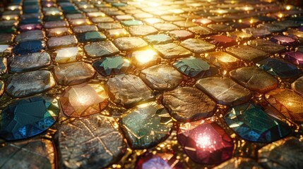 top view,rich floor background wallpaper, floor of gold, strewn with wealth, crystal floor, stone floor, the road of success of the wealth of stones tiles jewels - obrazy, fototapety, plakaty