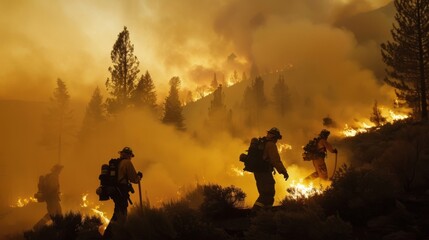 Amidst the backdrop of a smoldering forest fire a group of firefighters work tirelessly to evacuate nearby homes and protect their community.