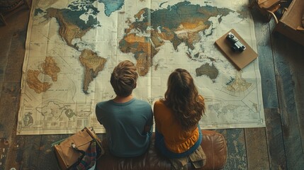 top view,Young couple planning vacation trip with map. Top view.  - obrazy, fototapety, plakaty