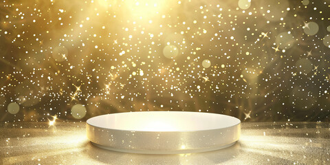 white podium pedestal, starry background with golden glow, generative AI