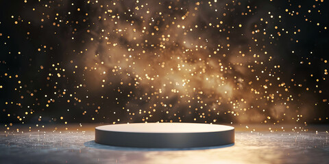 white podium pedestal, starry background with golden glow, generative AI - obrazy, fototapety, plakaty