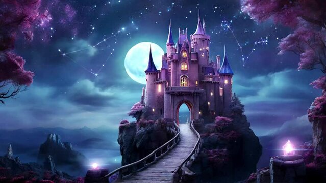 View of the castle with bridge, and full moon at night