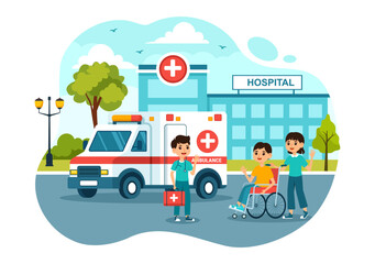 Medical Vehicle Ambulance Car or Emergency Service Vector Illustration for Pick Up Patient the Injured in an Accident in Flat Cartoon Background