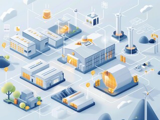 Decentralized manufacturing hubs powered by renewable energy, highlighting the shift to a sustainable and automated future