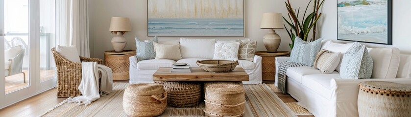 Fototapeta na wymiar Modern coastal living room with a soft color palette, natural textures, and oceaninspired decor