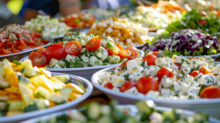A close up of a colorful array of homemade salads including Greek salad caprese salad and potato salad at a picnic celebrating different cultural cuisines. - obrazy, fototapety, plakaty