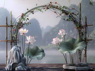 spring, wire lotus, bamboo arch, photographic style, classical chinese style