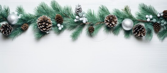 Obraz na płótnie Canvas A festive Christmas garland adorned with pine cones and balls displayed on a clean white wooden background