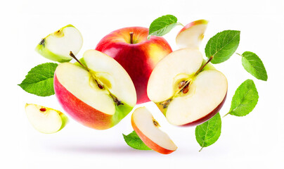 Naklejka premium Apples with half slices apples falling or flying in the air with green leaves isolated on white background. Generative AI