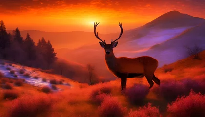 Papier Peint photo Lavable Brique landscape with a deer in the sunset or sunrise, Wall Art for Home Decor, Wallpaper and Background for Mobile Cell Phone, Smartphone, Cellphone, desktop, laptop, Computer, Tablet