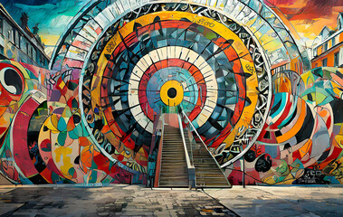 Fototapeta premium Street art photographs showcasing murals with circular