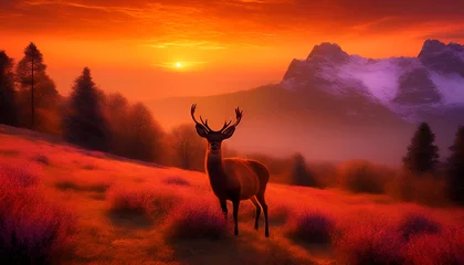 Fotobehang landscape with a deer in the sunset or sunrise, Wall Art for Home Decor, Wallpaper and Background for Mobile Cell Phone, Smartphone, Cellphone, desktop, laptop, Computer, Tablet © YOAQ