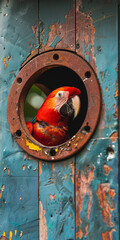 A parrot looking out of an old ship window