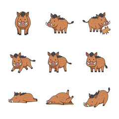 Set of cute wild boar vector illustration in cartoon style.