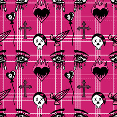 Emo seamless pattern with tartan background. Sad eyes, emo boy, skull, hearts backdrop in black and pink colors.