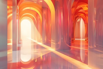 Warm colours, dazzling backgrounds, ray tracing style, translucent overlays, polished distortions, minimalism, symmetry, dreamlike installations, realism, 3D - obrazy, fototapety, plakaty