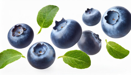 blueberries falling or flying in the air with green leaves isolated on white background. Generative AI - Powered by Adobe