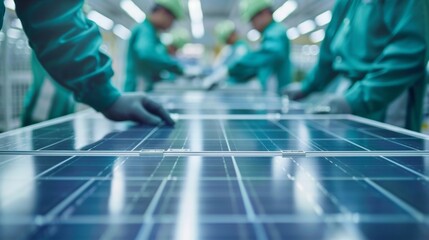 In a bright and airy factory a team of employees in matching green uniforms are meticulously building solar panels from scratch carefully . AI generation.