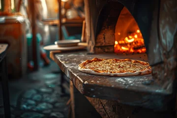 Fototapete A freshly baked artisanal pizza with golden-brown melted cheese and a variety of toppings sits on the edge of a rustic brick oven.  © Peeradontax