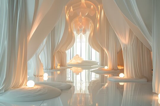 Fototapeta White romantic studio scene with light and curtain, background, poster, display scene 