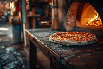 Poster A freshly baked artisanal pizza with golden-brown melted cheese and a variety of toppings sits on the edge of a rustic brick oven.  © Peeradontax