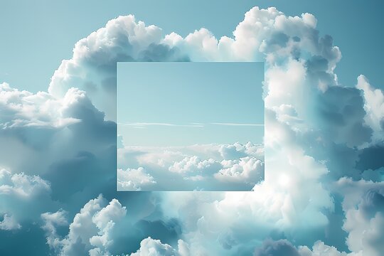  bright blue sky with lots of cloud square picture in the middle,  background, poster, display scene 