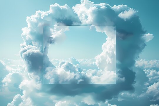 bright blue sky with lots of cloud square picture in the middle,  background, poster, display scene 