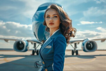 Stewardess in blue uniform in front of a passenger airplane - obrazy, fototapety, plakaty
