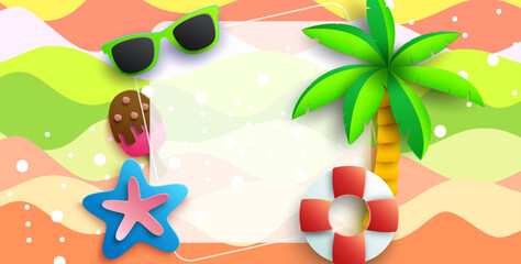 A summer fun themed illustration in paper cut style featuring a collection of summer icons including sunglasses, a life preserver, a starfish, and an ice cream cone. Vector Illustration.