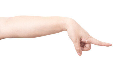 Fototapeta premium Male hand touching or pointing to something isolated on white background.