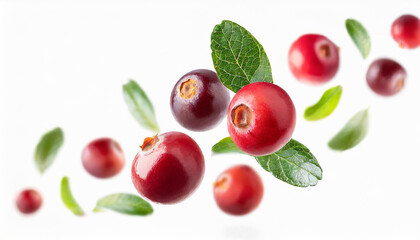 cranberries falling or flying in the air with green leaves isolated on white background. Generative AI