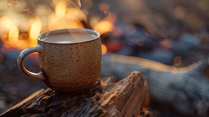 Two cup of tea coffee mug standing front of bonfire wallpaper background - obrazy, fototapety, plakaty