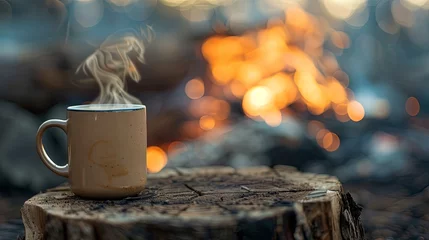 Deurstickers Two cup of tea coffee mug standing front of bonfire wallpaper background © Irina