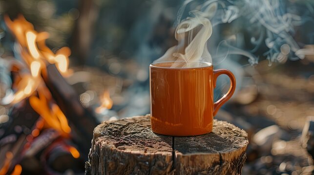 Two cup of tea coffee mug standing front of bonfire wallpaper background
