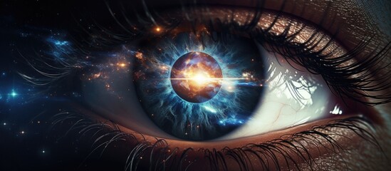 Intense close-up of a human eye with intricate details against a backdrop of a distant galaxy filled with stars