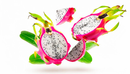 dragonfruits with half slices dragon fruit falling or flying in the air with green leaves isolated on white background. Generative AI - obrazy, fototapety, plakaty