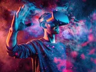 Fototapeta premium A man immersed in a virtual reality experience, surrounded by a vibrant nebula of digital particles. virtual, reality, VR, headset, man, digital, particles, immersive, technology, experience, vibrant