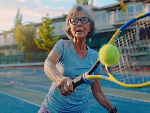 An active senior woman playing tennis, showcasing vitality and a healthy lifestyle in her golden years. senior, woman, tennis, active, vitality, healthy, lifestyle, sport, fitness, elderly, activity