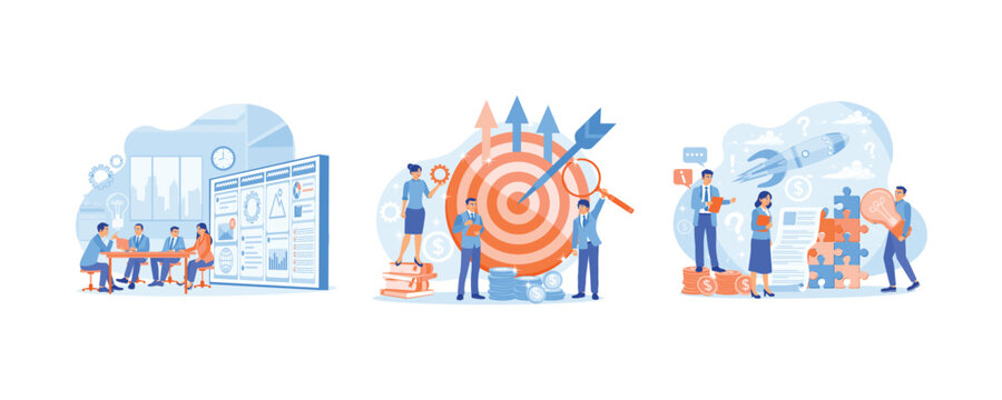 Business team having a meeting in office. Project management towards business targets. Strategy, motivation, and successful leadership. Project Management concept. Set flat vector illustration.