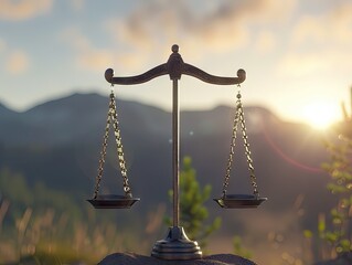 The silhouette of a balanced scale stands against a serene mountainous backdrop, symbolizing justice and equilibrium at sunrise. symbol, law, nature, peaceful, metal, dawn, sunlight, sky, legal,
