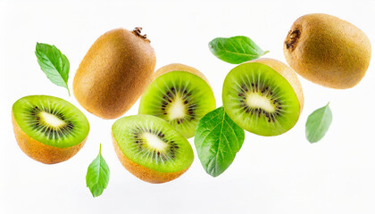 Kiwi with half slices kiwi falling or flying in the air with green leaves isolated on white background. Generative AI. - obrazy, fototapety, plakaty