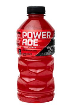 Isolated Bottle of Powerade brand fruit punch sport drink on transparent background